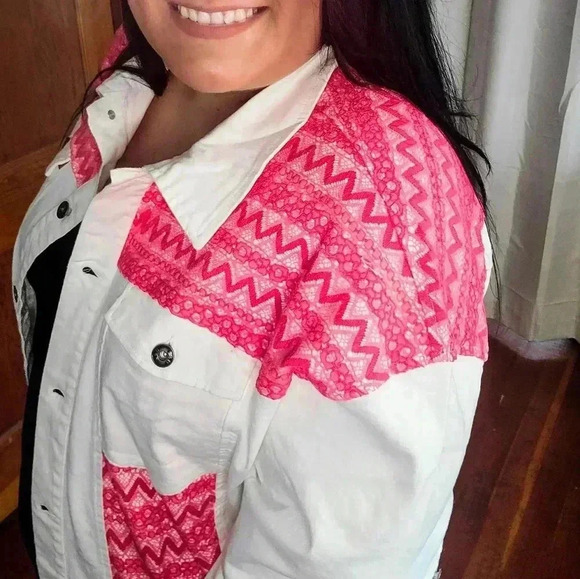 Lucky & Blessed Jackets & Blazers - White Denim Jacket with Pink Detail